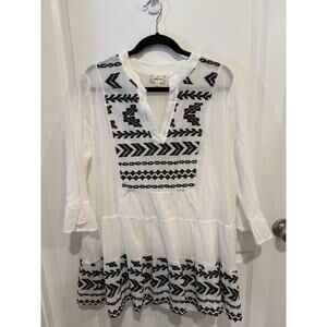 Cloth & Portrait Top Womens Sz XXL Ivory 3/4 Sleeve Embroidered Tiered Crinkle